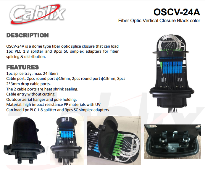Cierre de empalme vertical 24 fibras capacidad - 1X24 Bandeja de empalme - carga 09 SC Simplex adaptador -   1:8 Splitter - Puerto de entrada/salida 02X15mm& 02X13mm - Puerto de colocación 08X2*3mm - Exterior IP65 - Guindado, montado en poste, montado en la pared – Vacío