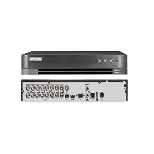 Turbo 16 Canales, Distingue rostros y vehiculos con inteligencia artificial, resolución máxima 4 Mp lite, compatible con tecnologías TVI, AHD, CVI, salida HDMI, VGA, BNC, 2 slot para disco duro (No Incluido), marca Hikvision