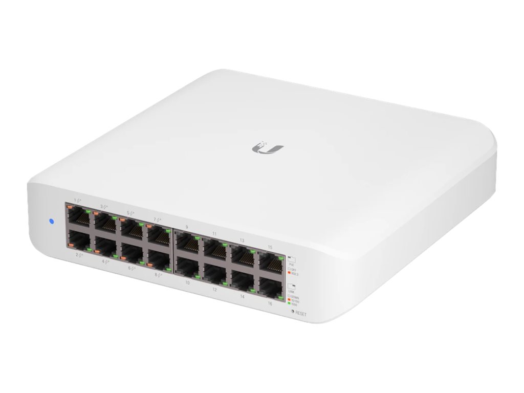 [UBIQUITI-USW-Lite-16-POE] Switch Unifi administrable PoE de 16 puertos, capa 2, con  8 puertos 802.3at PoE+, 8 puertos Gigabit Ethernet, 45W, marca Ubiquiti.